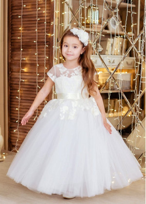 Ivory Lace Tulle Floor Length Peplum Flower Girl Dress